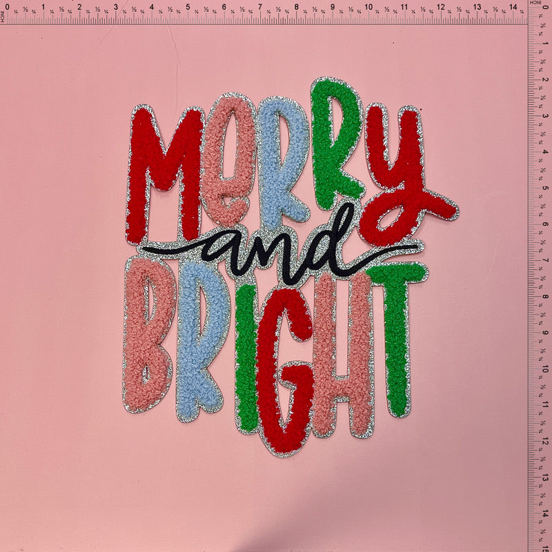 A colorful, glittery festive sign that reads "MERRY and BRIGHT," perfect for spreading holiday cheer!Patches