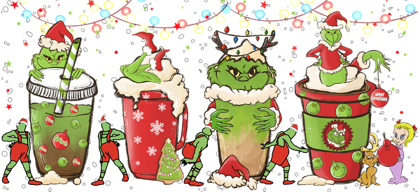 A festive illustration featuring the Grinch and whimsical holiday-themed drinks, adorned with cheerful decorations and playful elves.UV Transfersdtf regular iron