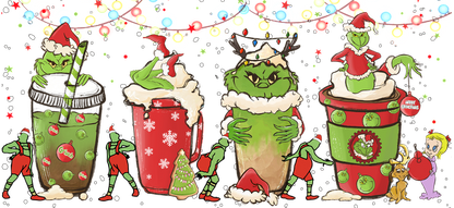 A festive illustration featuring the Grinch and whimsical holiday-themed drinks, adorned with cheerful decorations and playful elves.UV Transfersdtf regular iron