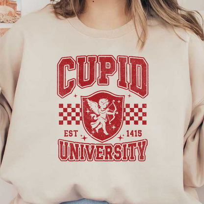 A playful logo featuring "Cupid University," established in 1415, with a cherubic figure and vintage-style graphics.DTF Transfers