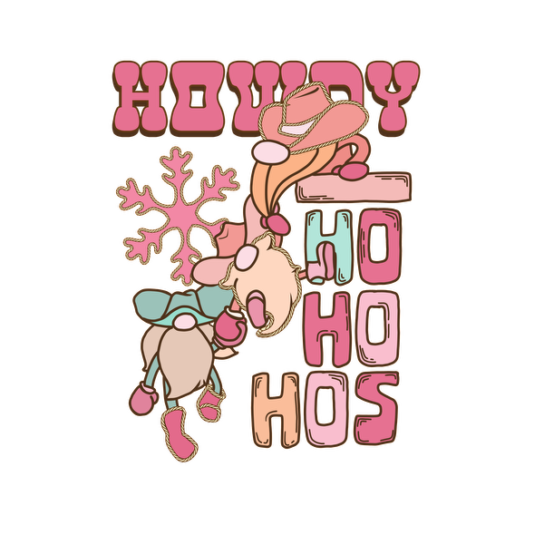 Un diseño festivo caprichoso con personajes divertidos y texto festivo, que combina "Howdy" y "Ho Ho Ho" con alegres colores pastel.