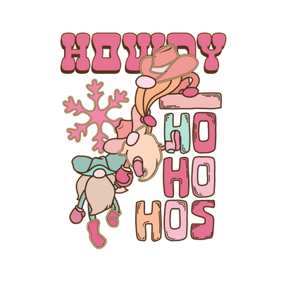 Un diseño festivo caprichoso con personajes divertidos y texto festivo, que combina "Howdy" y "Ho Ho Ho" con alegres colores pastel.