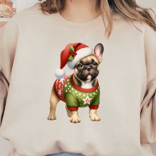 Un lindo bulldog francés vestido con un festivo gorro rojo de Papá Noel y un suéter navideño verde con un diseño de estrellas.