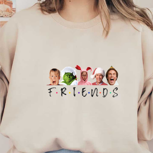 A festive and playful montage of characters featuring various holiday-themed costumes, captioned with "FRIENDS" in colorful letters.DTF Transfers dtf prints