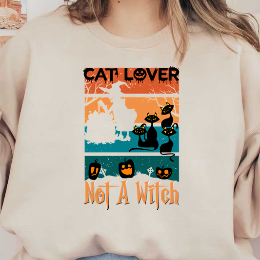 A fun Halloween-themed graphic showcasing a witch silhouette, playful cats, and pumpkins with the phrase "Cat Lover, Not A Witch."dtf regular iron