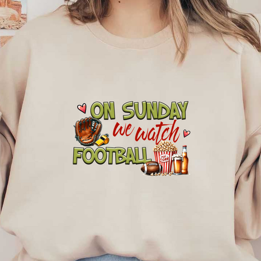 "Celebrate Sunday with this fun, colorful artwork featuring popcorn, drinks, and football-themed elements perfect for game day!" dtf transfers