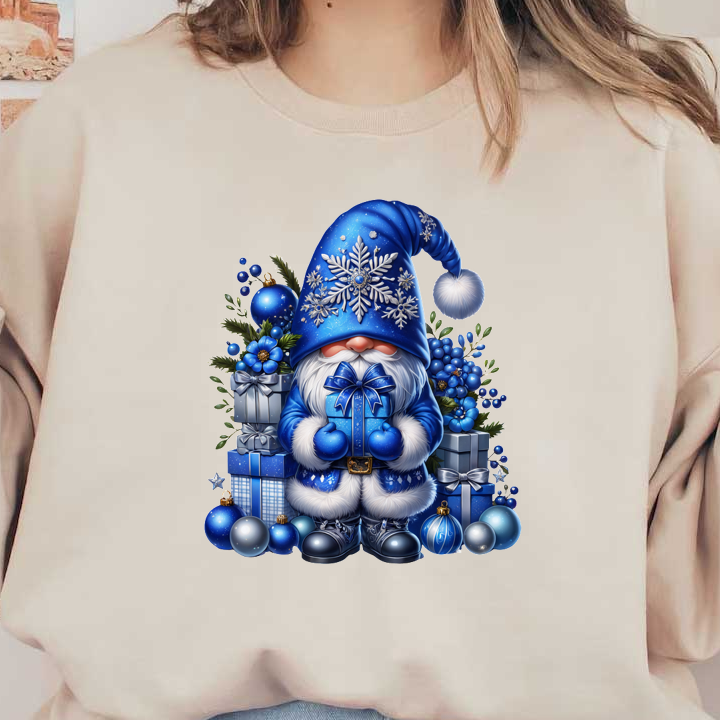 Cheerful blue Santa gnome wearing a snowflake hat holds a gift among festive decorations and presents in blue hues.DTF Transfers heat press transfers