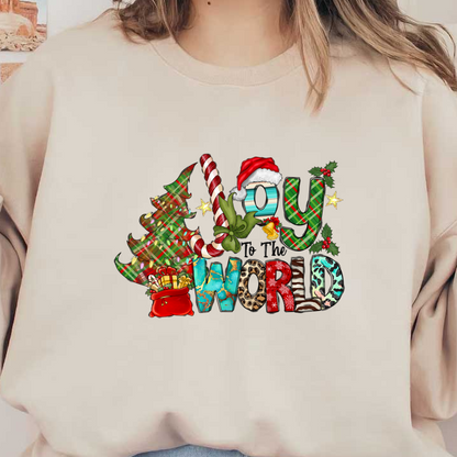 A festive design featuring "Joy to the World" with colorful letters, a Christmas tree, candy cane, gifts, and holly accents.DTF Transfers