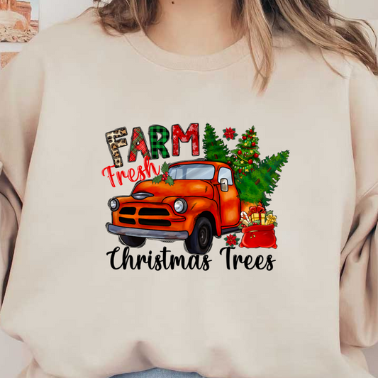 A vibrant illustration of a vintage orange truck adorned with festive decorations, trees, and presents, invoking a cheerful holiday spirit.DTF Transfers dtf transfers dtf transfers