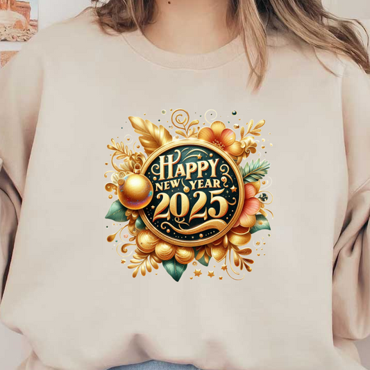 Celebrate the New Year with this vibrant, festive illustration featuring "Happy New Year 2025" adorned with floral elements and golden accents!DTF Transfers