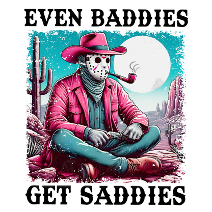 Una ilustración de estilo occidental que presenta un personaje con un sombrero y una chaqueta de vaquero de color rosa, una máscara de hockey y fumando una pipa.