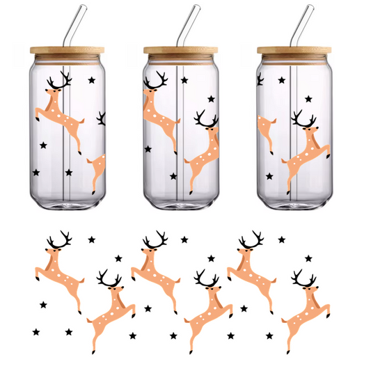 A cheerful illustration of leaping deer, showcasing a playful design with spots and a lively jump.UV Transfers dtf transfers