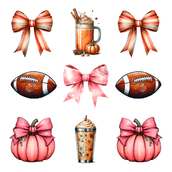 A vibrant collage featuring seasonal elements: bows, pumpkins, footballs, and a creamy drink, perfect for autumn festivities. heat press transfers heat press transfers