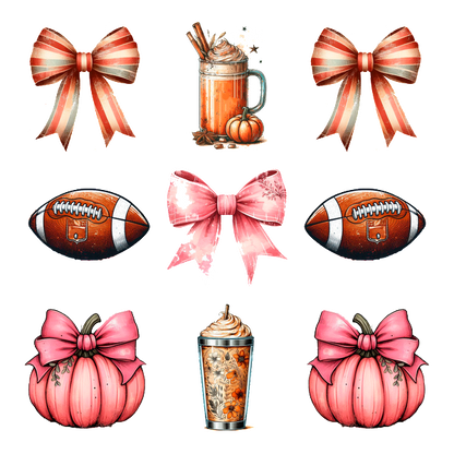 A vibrant collage featuring seasonal elements: bows, pumpkins, footballs, and a creamy drink, perfect for autumn festivities. heat press transfers heat press transfers