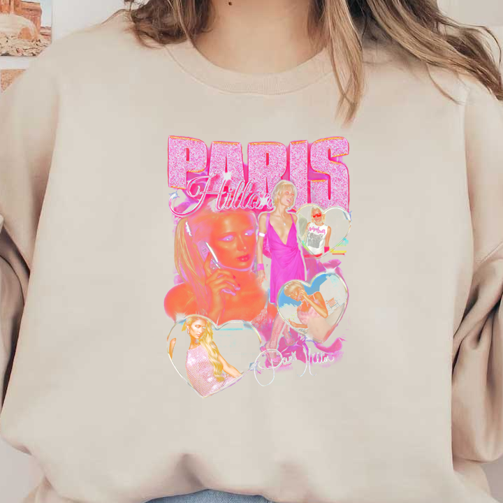 A vibrant graphic collage featuring Paris Hilton, showcasing her in various playful poses surrounded by colorful hearts and sparkly text.DTF Transfers heat press transfers