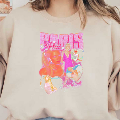 A vibrant graphic collage featuring Paris Hilton, showcasing her in various playful poses surrounded by colorful hearts and sparkly text.DTF Transfers heat press transfers