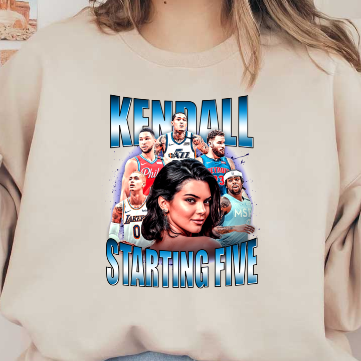 A vibrant graphic featuring Kendall surrounded by NBA players, celebrating a "Starting Five" theme with bold lettering and striking colors.DTF Transfers dtf prints