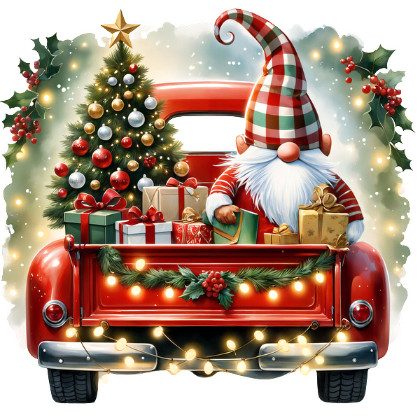 A cheerful Santa in a striped hat is surrounded by gifts and a Christmas tree in the back of a red truck, adorned with lights.DTF Transfers dtf transfers