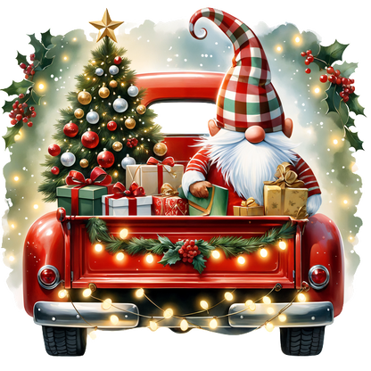 A cheerful Santa in a striped hat is surrounded by gifts and a Christmas tree in the back of a red truck, adorned with lights.DTF Transfers dtf transfers