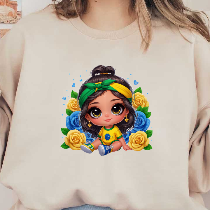 Una linda chica de estilo chibi con ojos grandes, vestida con un traje con temática brasileña, rodeada de flores coloridas y vegetación vibrante. Transferencias DTF