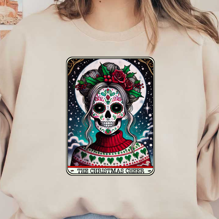 Celebre la temporada con este vibrante arte de calavera de azúcar, que presenta colores festivos, acentos florales y un diseño de suéter acogedor.