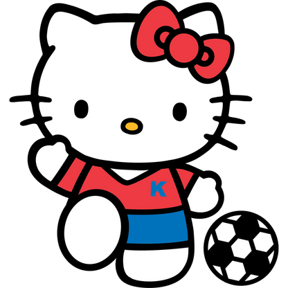 Hello Kitty is dressed in a red and blue soccer uniform, playfully posing with a black and white soccer ball.DTF Transfers