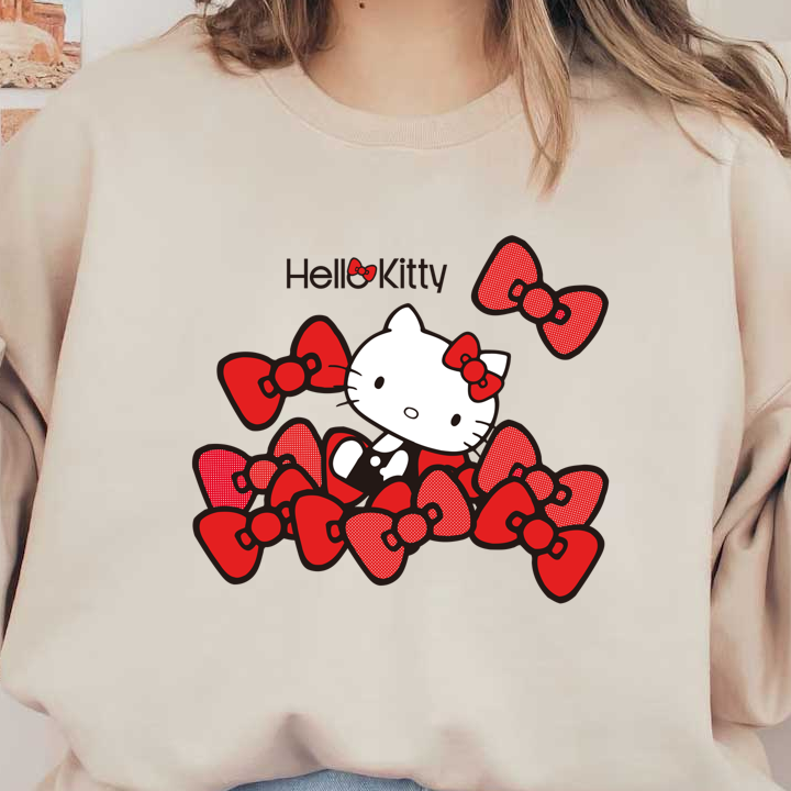 A playful illustration featuring Hello Kitty surrounded by an array of vibrant red bows, showcasing her signature cute style.DTF Transfers