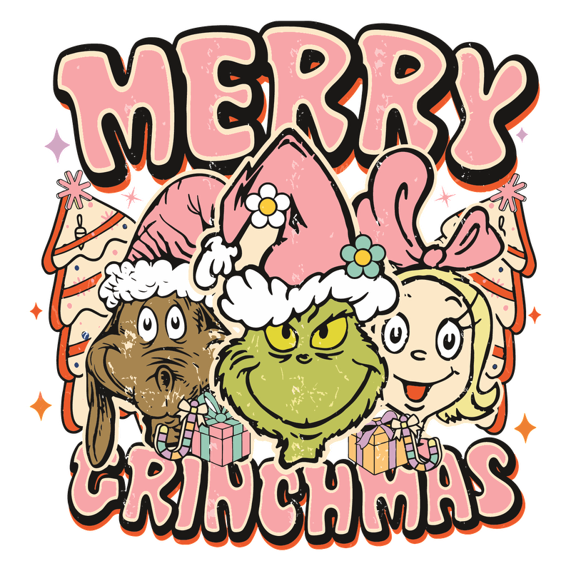 Celebrate the season with a fun "Merry Grinchmas" design featuring the Grinch and friends in festive hats and gifts!DTF Transfers heat press transfers heat press transfers