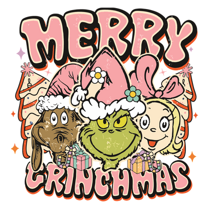 Celebrate the season with a fun "Merry Grinchmas" design featuring the Grinch and friends in festive hats and gifts!DTF Transfers heat press transfers heat press transfers