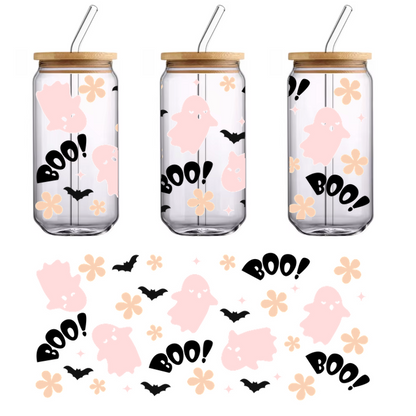 A whimsical design featuring cute pink ghosts, black bats, and soft flowers, creating a playful and spooky atmosphere.UV Transfers heat press transfers