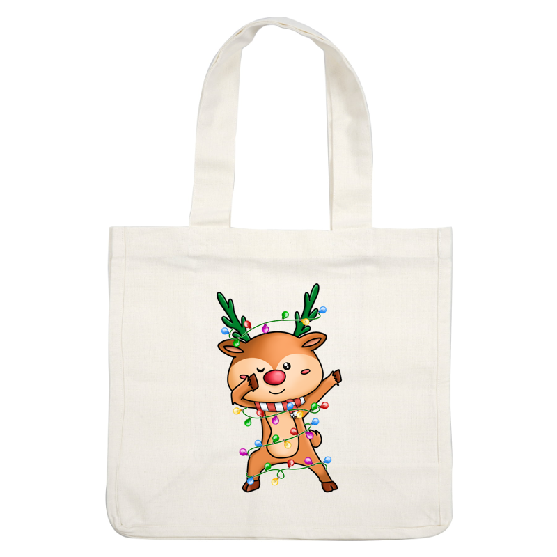 A cheerful cartoon reindeer wrapped in colorful Christmas lights, wearing a festive scarf and playfully posing with a wink. dtf prints