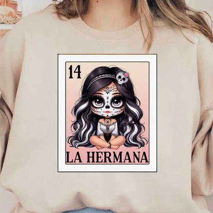 Un personaje colorido, estilo dibujos animados, con maquillaje del Día de Muertos, con cabello largo blanco y negro, llamado "La Hermana".