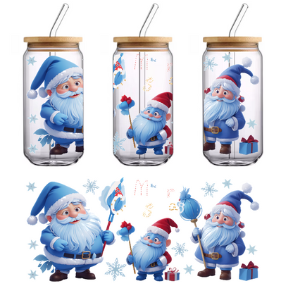 A cheerful collection of cartoon Santa Clauses in various outfits, showcasing playful expressions and festive decorations like presents and ornaments.UV Transfers dtf prints