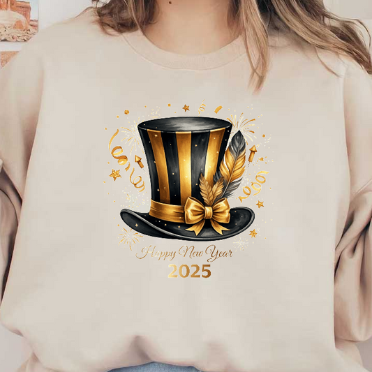 Celebrate the New Year 2025 with this stylish black and gold top hat adorned with a bow and feather!DTF Transfers