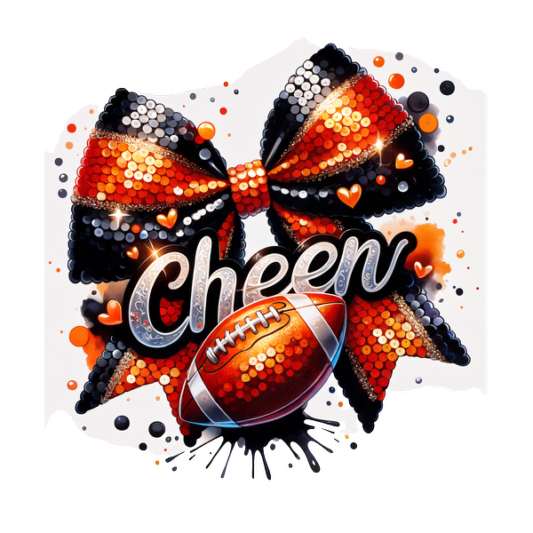 A vibrant cheerleading design featuring a glossy black and orange bow, accented with a football and the word "Cheer."DTF Transfersdtf regular iron