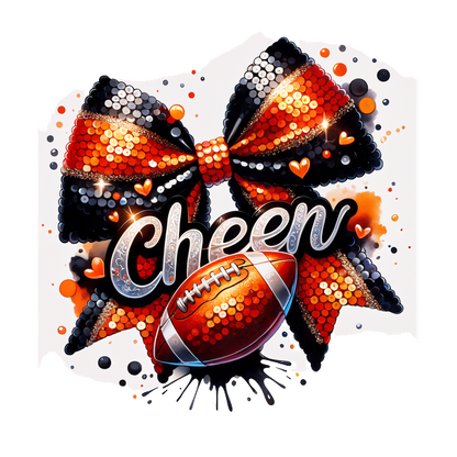 A vibrant cheerleading design featuring a glossy black and orange bow, accented with a football and the word "Cheer."DTF Transfersdtf regular iron