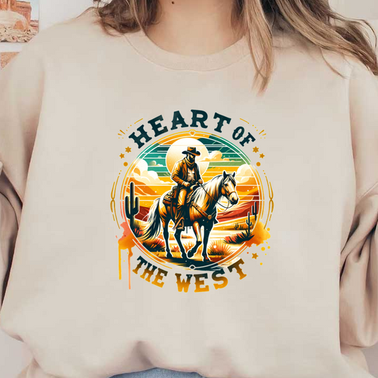 A vibrant design featuring a cowboy riding a horse under a sunset, framed by cacti, with "Heart of the West" text. dtf prints