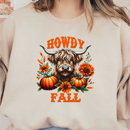 Celebrate autumn with this vibrant design featuring a Highland cow, pumpkins, and cheerful flowers, all adorned with "Howdy Fall." dtf transfers