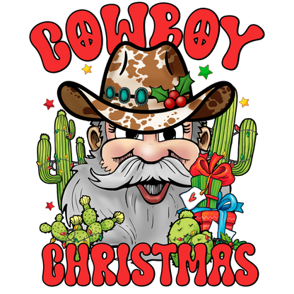 Celebrate the season with this whimsical "Cowboy Christmas" design featuring a cheerful cowboy, cacti, and festive gifts!dtf regular iron