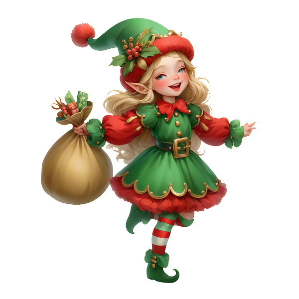 A cheerful elf girl in a vibrant green and red outfit, joyfully carrying a sack filled with festive goodies.DTF Transfers dtf prints