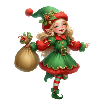 A cheerful elf girl in a vibrant green and red outfit, joyfully carrying a sack filled with festive goodies.DTF Transfers dtf prints