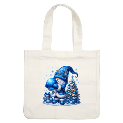 A whimsical blue-themed gnome in a festive hat holds a sparkling ornament, surrounded by a decorated Christmas tree and gifts.DTF Transfers dtf transfers