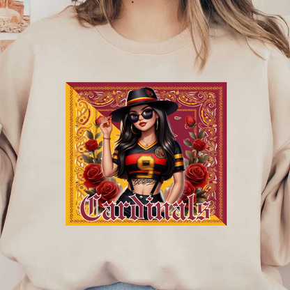 Una elegante ilustración de una mujer con una camiseta de los "Cardinals" con rosas, que irradia confianza y estilo.