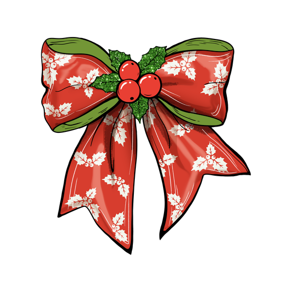 A festive red bow adorned with holly leaves and berries, perfect for adding holiday cheer to gifts and decorations.dtf regular iron