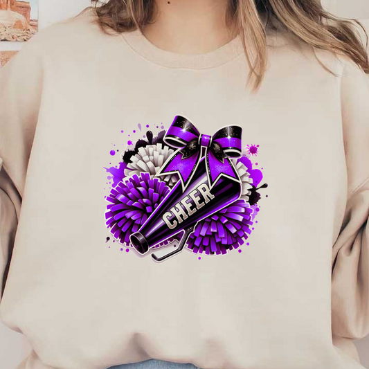 A vibrant cheerleading graphic featuring a black megaphone with a bow and purple and white pom-poms, celebrating team spirit!DTF Transfersdtf regular iron