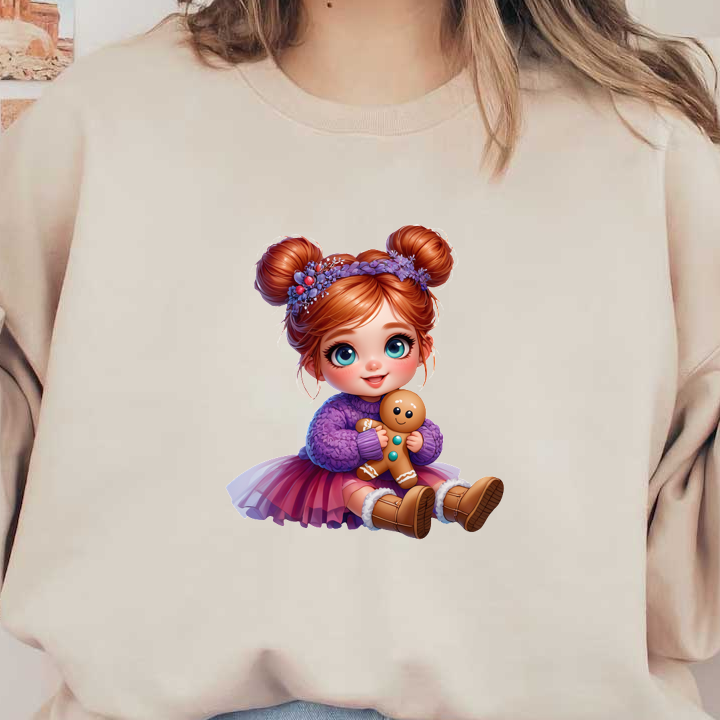 A cheerful little girl in a cozy purple sweater and pink skirt, cuddling a gingerbread cookie toy.DTF Transfers heat press transfers