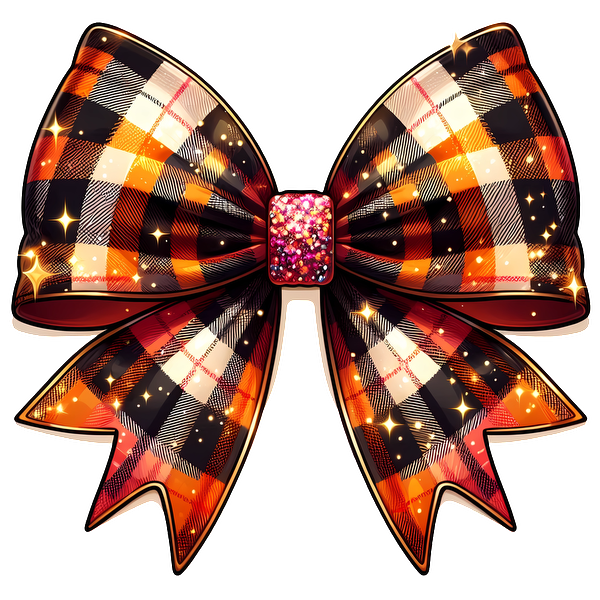 A vibrant, plaid bow in orange, black, and cream hues, adorned with a sparkling pink center for a festive touch. dtf transfers