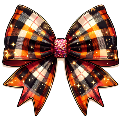 A vibrant, plaid bow in orange, black, and cream hues, adorned with a sparkling pink center for a festive touch. dtf transfers