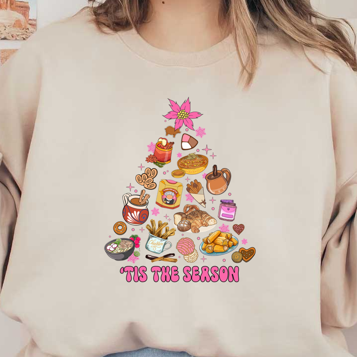 This vibrant holiday-themed illustration features an assortment of delicious foods, sweets, and drinks arranged in a festive tree shape.DTF Transfersdtf regular iron