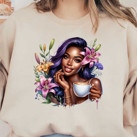 Una mujer alegre con cabello largo de color morado sostiene una taza de café humeante, rodeada de flores vibrantes, que irradian calidez y alegría.